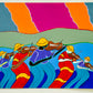 Colorful artwork of four musicians in kayaks playing violins against a vibrant background