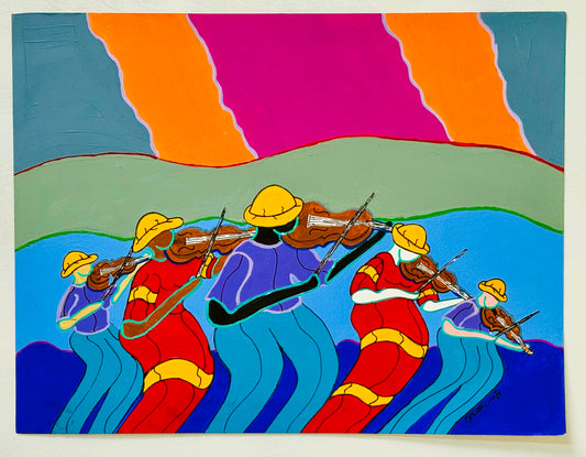 Colorful artwork of four musicians in kayaks playing violins against a vibrant background